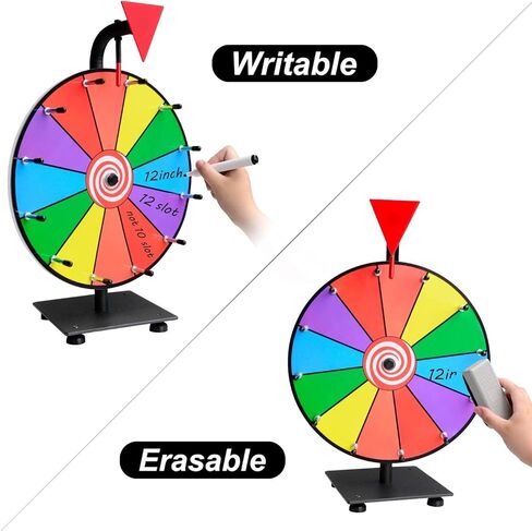 عجلة جائزة عالية التحمل مقاس 12 بوصة من Klvied، عجلة دوارة ملونة على سطح الطاولة ذات 12 فتحة مع نقرتين للنموذج، عجلة دوارة كرنفال مع أقلام مسح جافة وممحاة للعرض التجاري، لعبة Fortune Spin in Kuwait
