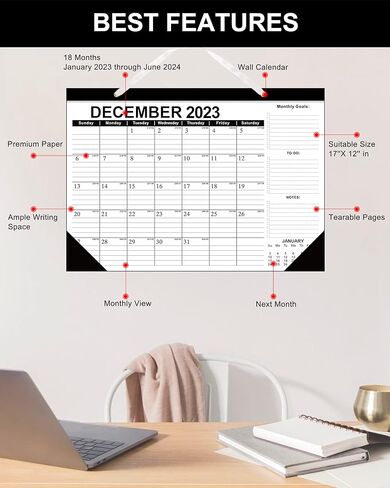 تقويم حائط 18 شهرًا - من يوليو 2023 - ديسمبر 2024، مخطط شهري 2023-24 تقويمات مكتبية مقاس 17 بوصة × 12 بوصة، تقويم كبير مع زاوية للتخطيط والتنظيم للمنزل والمكتب in Kuwait