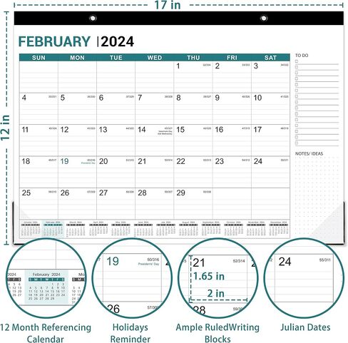 Desk Calendar 2024-12 Months Calendar 2024, 12" x 17", January 2024 - December 2024, 2024 Desk Calendar, Large Ruled Blocks for Planning and Organizing in Saudi Arabia