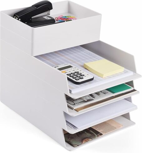 4 Tier Stackable Letter Tray Paper Organizer, White Desktop Stacking Paper Tray File Organizer, Plastic Desk Document File Tray for A4 Paper, Magazine, Receipts, Office Supplies in Saudi Arabia
