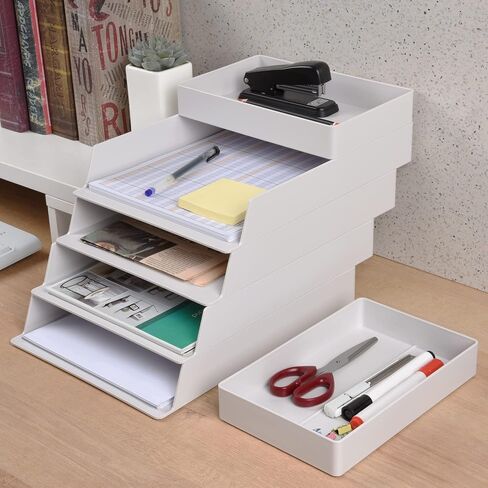 4 Tier Stackable Letter Tray Paper Organizer, White Desktop Stacking Paper Tray File Organizer, Plastic Desk Document File Tray for A4 Paper, Magazine, Receipts, Office Supplies in Saudi Arabia