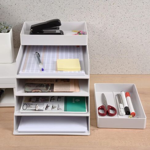 4 Tier Stackable Letter Tray Paper Organizer, White Desktop Stacking Paper Tray File Organizer, Plastic Desk Document File Tray for A4 Paper, Magazine, Receipts, Office Supplies in Saudi Arabia