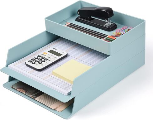 2 Tier Stackable Letter Tray, Desktop Paper Tray Document File Organizer, Plastic Blue Desk Tray for A4 Paper Magazine, Receipts, Office Supplies in Saudi Arabia