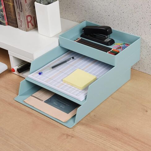 2 Tier Stackable Letter Tray, Desktop Paper Tray Document File Organizer, Plastic Blue Desk Tray for A4 Paper Magazine, Receipts, Office Supplies in Saudi Arabia