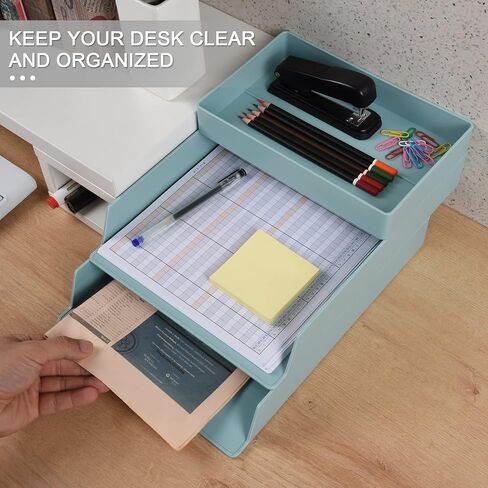 2 Tier Stackable Letter Tray, Desktop Paper Tray Document File Organizer, Plastic Blue Desk Tray for A4 Paper Magazine, Receipts, Office Supplies in Saudi Arabia