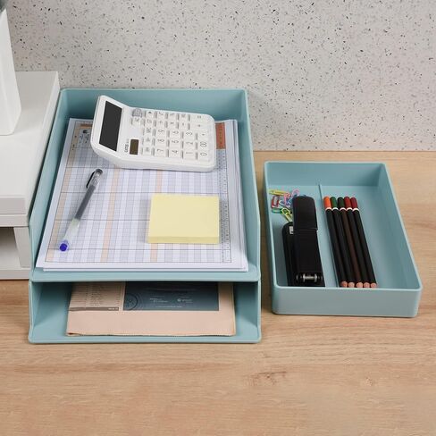 2 Tier Stackable Letter Tray, Desktop Paper Tray Document File Organizer, Plastic Blue Desk Tray for A4 Paper Magazine, Receipts, Office Supplies in Saudi Arabia