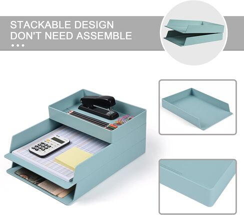 2 Tier Stackable Letter Tray, Desktop Paper Tray Document File Organizer, Plastic Blue Desk Tray for A4 Paper Magazine, Receipts, Office Supplies in Saudi Arabia