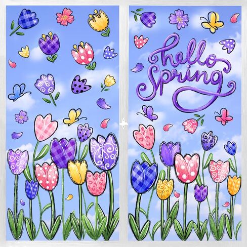 6 أوراق من YUJUN ملصقات نافذة للربيع والصيف، ملصقات شارات للنافذة على شكل فراشة توليب وزهور زيتية لديكور المنزل الزجاجي الربيعي وتزيين نافذة الربيع in Kuwait