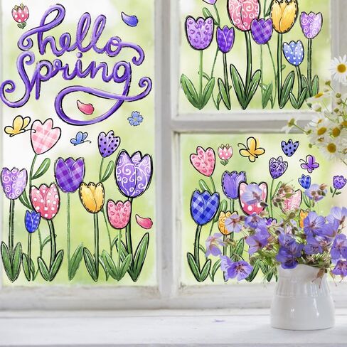 6 أوراق من YUJUN ملصقات نافذة للربيع والصيف، ملصقات شارات للنافذة على شكل فراشة توليب وزهور زيتية لديكور المنزل الزجاجي الربيعي وتزيين نافذة الربيع in Kuwait