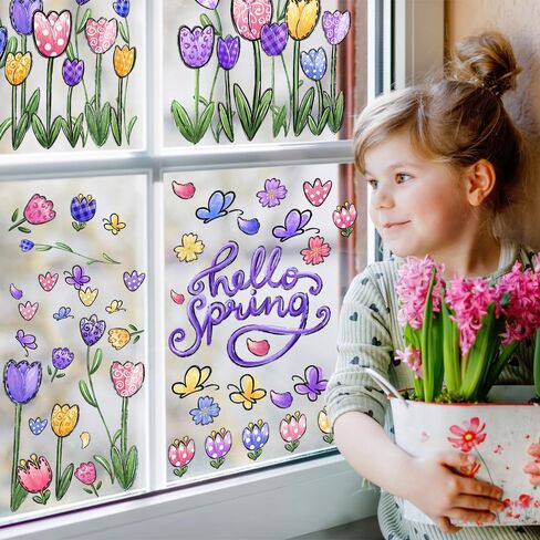 6 أوراق من YUJUN ملصقات نافذة للربيع والصيف، ملصقات شارات للنافذة على شكل فراشة توليب وزهور زيتية لديكور المنزل الزجاجي الربيعي وتزيين نافذة الربيع in Kuwait
