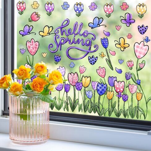 6 أوراق من YUJUN ملصقات نافذة للربيع والصيف، ملصقات شارات للنافذة على شكل فراشة توليب وزهور زيتية لديكور المنزل الزجاجي الربيعي وتزيين نافذة الربيع in Kuwait