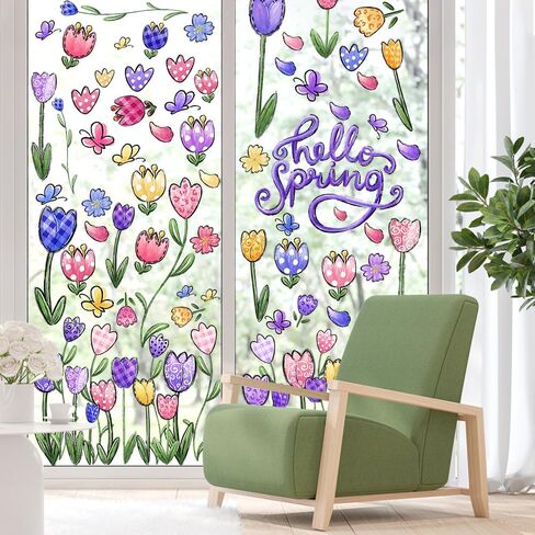 6 أوراق من YUJUN ملصقات نافذة للربيع والصيف، ملصقات شارات للنافذة على شكل فراشة توليب وزهور زيتية لديكور المنزل الزجاجي الربيعي وتزيين نافذة الربيع in Kuwait