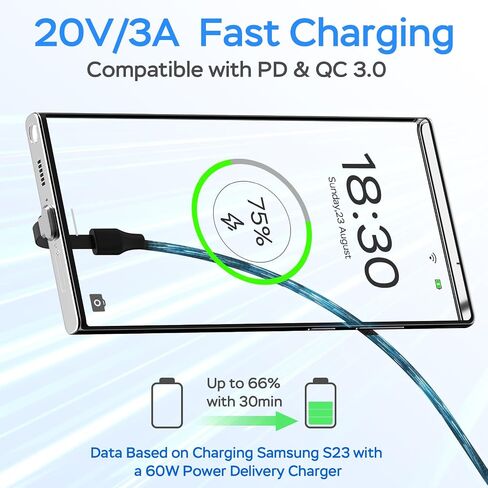 كابل شاحن USB C، كابل شحن من النوع C بقدرة 60 وات 3.3 قدم، منفذ C مسطح 90 درجة، نقل بيانات عالي السرعة متوافق مع Samsung S23/S22/S21، iPhone 15 Pro/Pro Max، MacBook Air/Pro، إلخ. in Saudi Arabia
