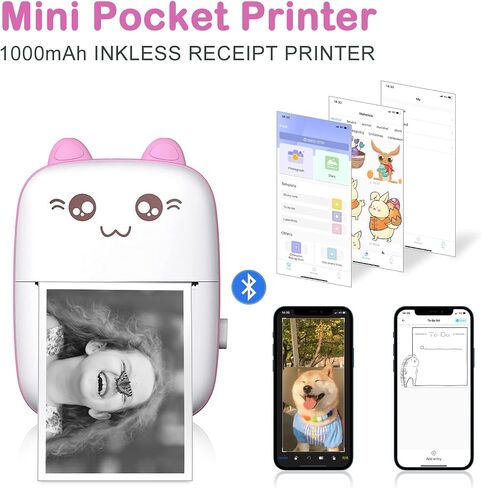 Mini Printer Portable, Pocket Thermal Printer with 7 Rolls Paper, Bluetooth Wireless Smart Printer for Photo Picture Office Receipt Label Note QR Code Inkless Printing with iOS Android APP (Blue) in Saudi Arabia