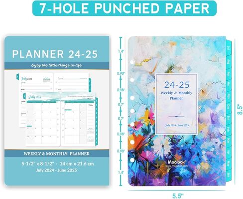 عبوات مخطط 2024-2025 - 7 ثقوب مثقوبة، عبوات مخطط 2024-2025، يوليو 2024 - يونيو 2025، عبوات مخطط أسبوعية وشهرية، عبوات مخطط A5، 5.5 بوصة × 8.5 بوصة، إدراجات مخطط A5 in Kuwait