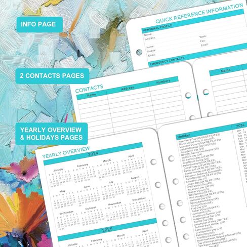 عبوات مخطط 2024-2025 - 7 ثقوب مثقوبة، عبوات مخطط 2024-2025، يوليو 2024 - يونيو 2025، عبوات مخطط أسبوعية وشهرية، عبوات مخطط A5، 5.5 بوصة × 8.5 بوصة، إدراجات مخطط A5 in Kuwait