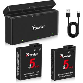 Osmo Action 5 Pro/4/3 Battery Charger Kit 2-Pack 2100mAh Osmo Action 5 Pro Batteries and 3-Channel Fast Charger Hub Compatible with DJI Osmo Action 5 Pro,Osmo Action 4 and Osmo Action 3