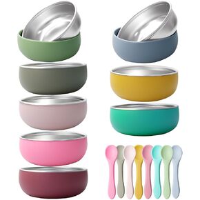 8 PCS 304 Baby Stains Steel Fethy مع 8 ملعقة أطفال أوعية مع طفل صغير قابل للإزالة من قذيفة السيليكون دون شفط أوعية مضادة للوجبات الخفيفة لغسالة الصحون للتغذية الغذائية (متعدد الألوان)
