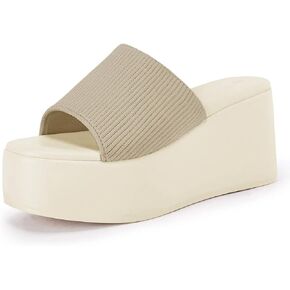 Coutgo Womens Platform Slides Sandals Square Open Toe Slip On Elastic Band Casual Lightweight Wedge Shoes