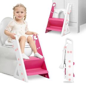 Potty Training Seat, Upgrade Foldable Step Stool, Climbable and Easy to Carry Handles, Adjustable for Different Toilet Heights, Attachment with Stable Structure for Boys and Girls