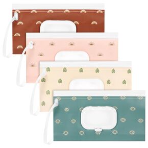 4 Pack Baby Wipe Dispenser Portable Cute Pattern Wipes Holder Container On The Go Refillable Wet Wipe Pouch Reusable Travel Wipes Case with Lanyard for Outdoor Camping Hiking Bathroom