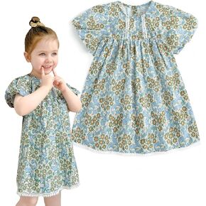 Curipeer Little Girls Summer Dress Floral Short Sleeve Cotton Casual Outfit Dress 12M-8Y