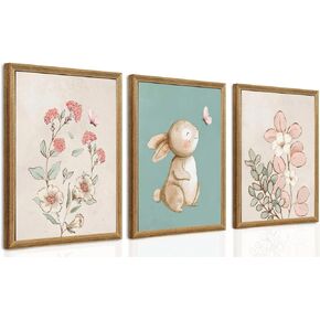 arfitest Nursery Wall Art Cute Bunny Botanical Flowers Wall Decor Pink Green Nursery Pictures Posters Girl Bedroom Canvas Prints gifts for Baby Boys and Girls Playroom paintings 12x16inch