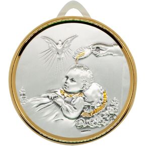 Baptism Memento Crib Medal | Baby and Holy Spirit Plaque with Blue and Pink Ribbons | Great Catholic Gift for Baptism and Christening | Christian Nursery Décor | Made in Italy
