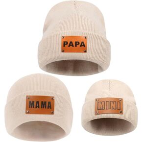3 Pcs Parent-Child Beanie Hats Mama PAPA Mini Leather Patch Winter Knit Cap Warm Cuffed Cap Matching Family Beanie Hat