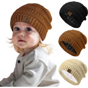 Durio 3 Pcs Satin Lined Beanie for Baby Girl Winter Hat Knit Warm Toddler Beanies for Babies Infant Boys Winter Hats for Kids