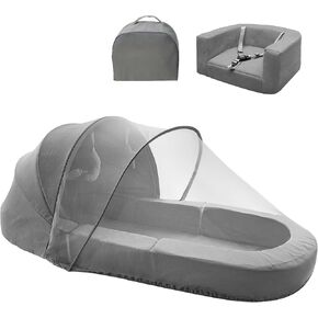 4-in-1 Portable Baby Travel Bed and Sofa, Baby Bassinet/Travel Pod Infant Co-Sleeper Bed with 2-in-1 Mosquito and Canopy for Newborn to 3 Years, Size S, Gray，Newborn Essentials Gift