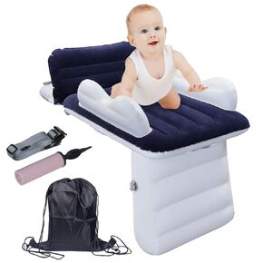Inflatable-Toddler-Travel-Bed for Airplane Car Seat Portable Foldable Infant Travel Bed Baby Travel Crib with Sides,Hand Pump Safety Belt and Carry Bag Sets (Beige)