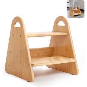 Wooden Step Stool for Kids and Toddlers, Bamboo Two Step Stool with Bonus Safety Non-Slip Mats and Handle, Rounded Corners, for Sink, Bathroom, Bedroom