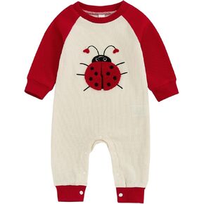 Karuedoo Newborn Baby Boy Girl Valentines Day Outfit Ladybug Embroidery Waffle Knit Long Sleeve Romper Jumpsuit Bodysuit