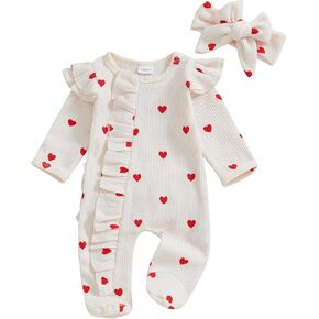 Newborn Baby Girl Valentines Day Outfit Ruffle Heart Print Romper Waffle Jumpsuit Coming Home Outfit