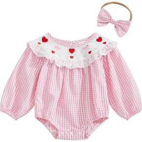 Newborn Baby Girl Valentines Day Outfit Heart Embroidered Smocked Bubble Romper Long Sleeve Bodysuit Jumpsuit