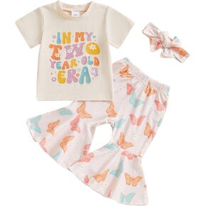 Lamuusaa Toddler Baby Girl Birthday Outfit One/Two Year Old Era Romper/T-shirt Butterfly Flared Pants Headband Summer Outfit