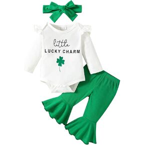 St.Patrick's Day Baby Girl Outfit Long Sleeve Lucky Charm Romper Clover Flared Pants Headband Set 0-18M