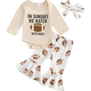 Karuedoo Newborn Baby Girl Football Outfit On Sundays We Watch Football with Daddy Romper Flared Pants Headband 3 Piece Set