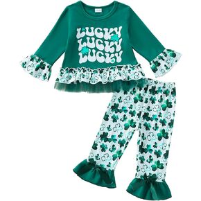 Toddler Girl Valentine's Day Outfit Baby Ruffle Sleeve Shirt Flared Pant Set St Patricks Day Clothes