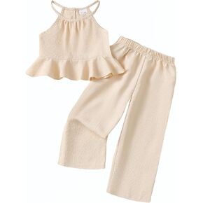 Kucnuzki Baby Girl Clothes Toddler Girl Summer Outfits Sleeveless Ruffle Halter Tops Wide Leg Pants Kids Clothing Set