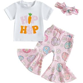 Lamuusaa Toddler Baby Girl Easter Outfit ''Hip Hop'' Letter Print Romper Easter Egg/Bunny Flared Pants Headband Set 6M-4T