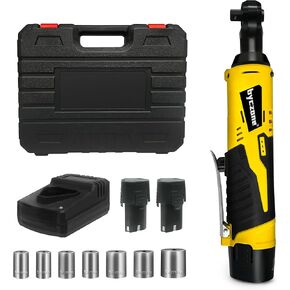 3/8" Cordless Electric Ratchet Wrench, 12V Power Socket Wrench, Cordless Power Ratchet Set with Variable Speed, LED Light, 7 Sockets, 2 Li-Ion Batteries, 1 Charger Adaptor