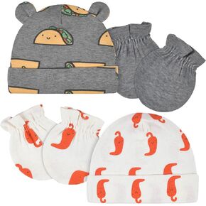 4-Piece Baby Neutral Tacos & Peppers Caps & No Scratch Mittens Set