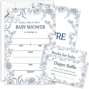 Baby Shower Invitations, Baby Shower Invites, Floral Baby Shower Invitations, Diaper Raffle Tickets & Book Request Card, 25 Set With Envelopes, Baby Shower Supplies - BSinvite 07