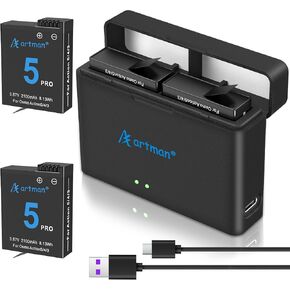 Artman Osmo Action 5 Pro Battery 2100mAh 2-Pack for DJI Action5Pro /4/3 Camera with Dual Storage Fast Charger Compatible with DJI Osmo Action 5 Pro/4/3 Battery Charger