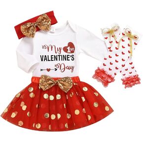 Newborn Baby Girls Valentine's Day Outfit Ruffles Long Sleeve Romper+Skirt Set+Headband+Leg Warmers Set
