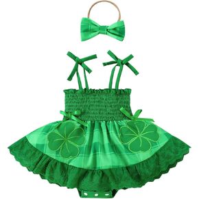 Goodplayer Baby Girl St.Patrick's Day Clothes Infant Romper Clover Tutu Dress Ruffles Bodysuit with Bow Headband Outfit