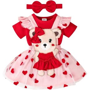 Baby Girl Clothes Valentines Outfit Ruffle Romper Love Suspender Bear Skirt Short Sleeve Set 0-18 Months