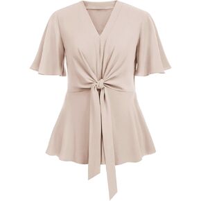 2024 Women's Plus Size Peplum Tops Elegant V Neck Tie Front Bell Sleeve Flowy Blouses Shirts